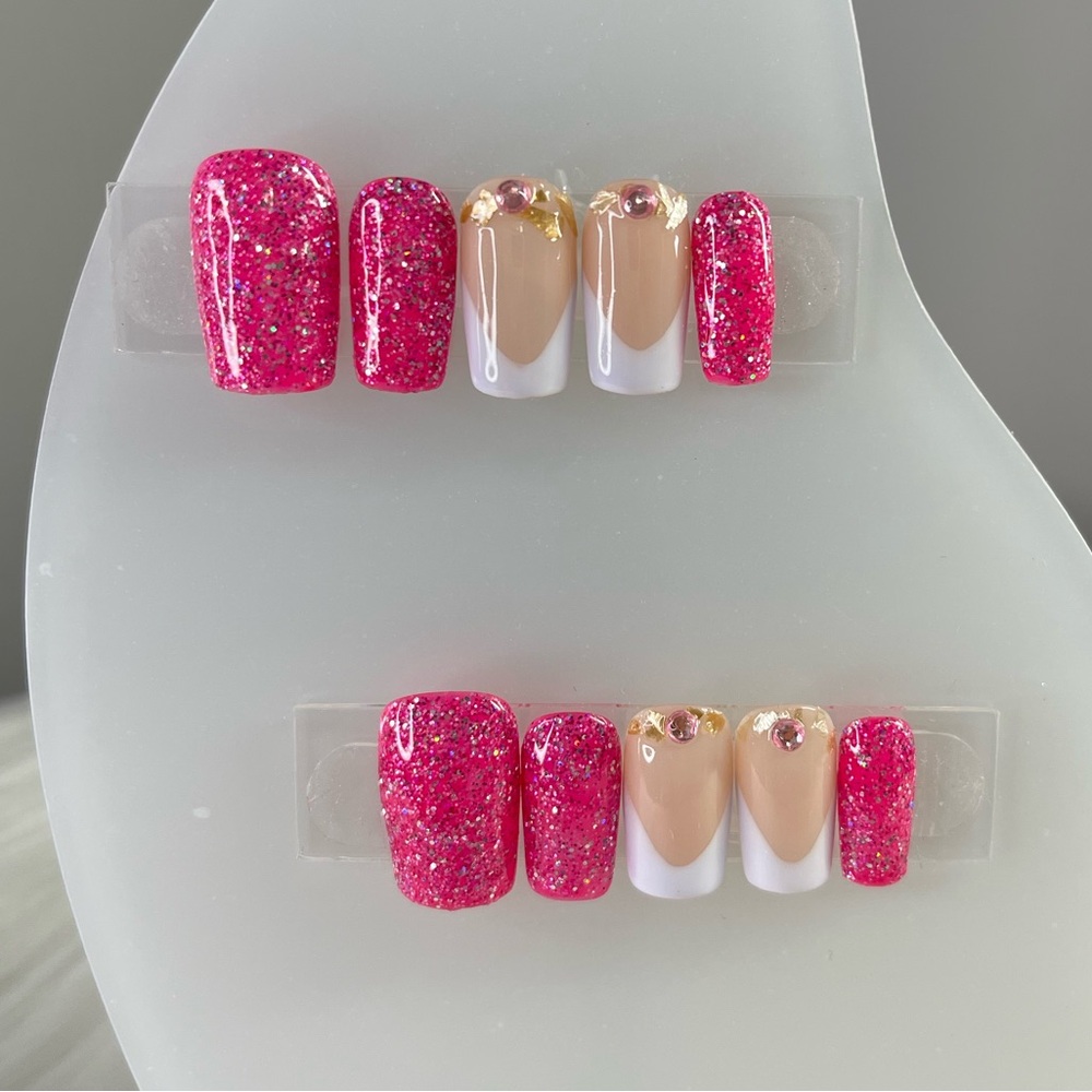 Handmade press on nails Medium Square Pink Glitter French Nails 2024